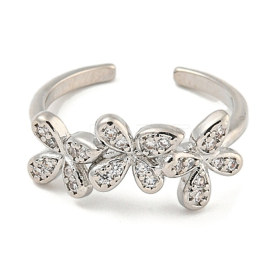 Flower Rack Plating Brass Micro Pave Cubic Zirconia Open Cuff Rings for Women RJEW-N047-01P-03-RS-1