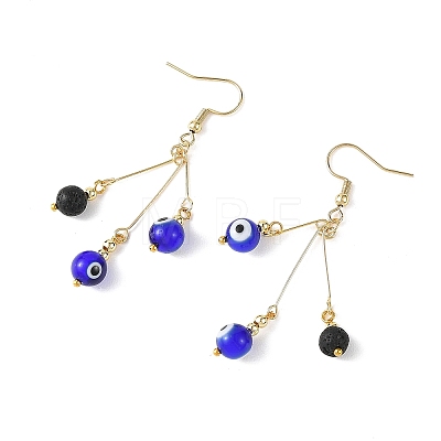 Handmade Lampwork Evil Eye and Natural Lava Rock Beads Dangle Earrings EJEW-JE07449-1