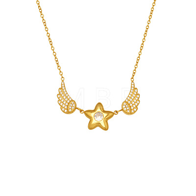 304 Stainless Steel Pave Clear Cubic Zirconia Star with Angel Wings Pendant Necklaces for Women WGBF81E-01-1