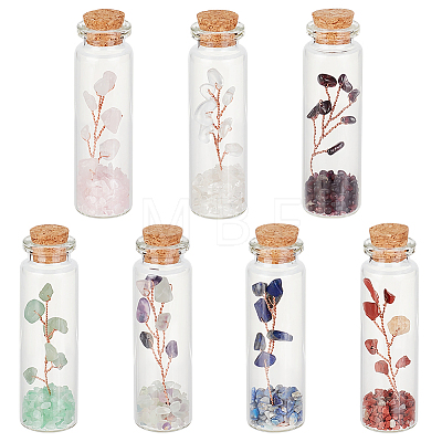 Olycraft 7Pcs 7 Style Natural Jade & Garnet & Lapis Lazuli & Quartz Crystal & Green Aventurine & Rose Quartz & Fluorite Chips Bonsai Tree in Column Glass Wish Bottles AJEW-OC0004-43-1