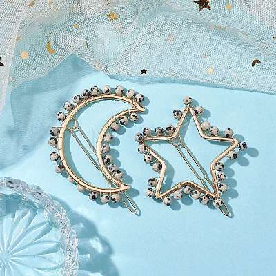 2Pcs Moon & Star Alloy with Natural Dalmatian Jasper Hollow Hair Barrettes PHAR-JH00105-03-1