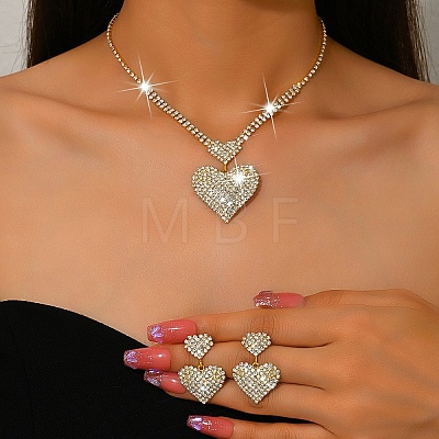 Heart Brass Crystal Rhinestone Pendant Necklaces & Stud Dangle Earrings Sets for Women WGA2345-02-1