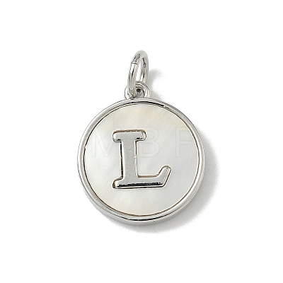 Brass Pave Natural Shell Flat Round with Letter Charms KK-Z115-13P-L-1