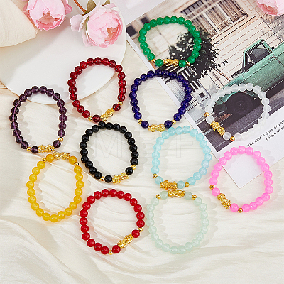 11Pcs 11 Colors Glass Round & Alloy Pixiu Beaded Stretch Bracelets Set for Women BJEW-FI0001-14-1