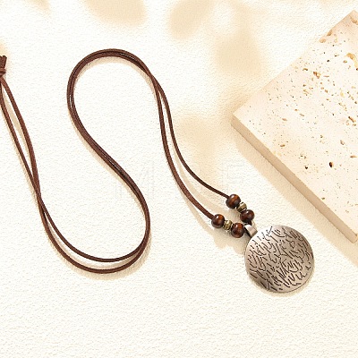 Boho Adjustable Wooden Bead Faux Leather Cord Vintage Alloy Flat Round Pendant Necklaces WGC4ABD-01-1