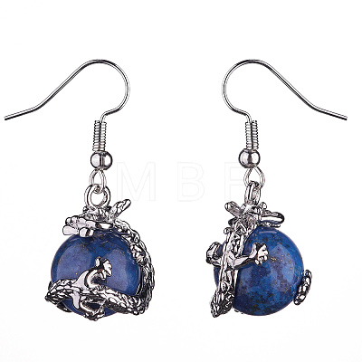 Natural Dyed Lapis Lazuli Dragon Dangle Earrings EJEW-A092-12P-06-1