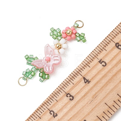 ABS Plastic Imitation Pearl Butterfly and Glass Seed Beaded Flower Links Connector Charms PALLOY-MZ01332-02-1