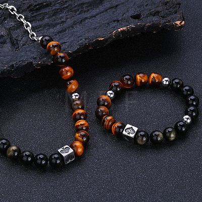 304 Stainless Steel & Natural Tiger Eye & Natural Obsidian Round Bead Necklaces & Bracelets Sets FS-WG3D587-03-1