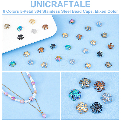 Unicraftale 48Pcs 6 Colors 5-Petal 304 Stainless Steel Bead Caps STAS-UN0049-54-1
