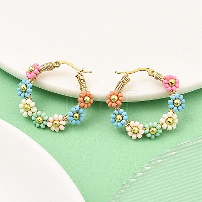 304 Stainless Steel & Bohemian Beaded Flower Hoop Earrings for Women EJEW-R001-02G-01-1