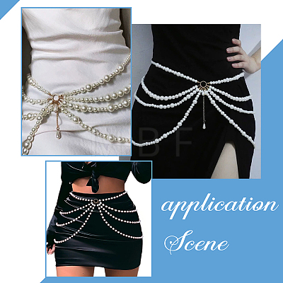 2Pcs 2 Styles Multi Layered ABS Plastic Pearl Beaded Chain Belts AJEW-FG0004-01-1
