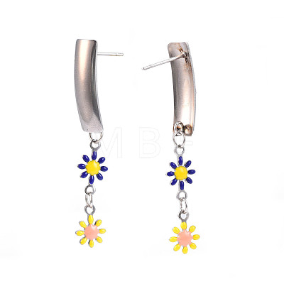Rectangle with Flower Enamel Long Dangle Stud Earrings EJEW-N049-06A-1