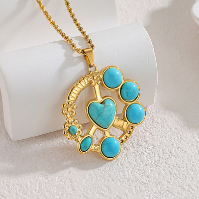 Boho 304 Stainless Steel Synthetic Turquoise Pendant Necklaces for Women WG99EC3-08-1