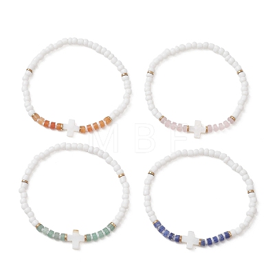 Natural Gemstone & Glass Seed Bead Stretch Bracelets BJEW-JB13306-1