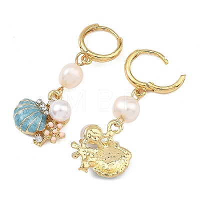 Natural Cultured Freshwater Pearl & Brass Enamel Hoop Dangle Earrings for Women EJEW-JE07268-02-1