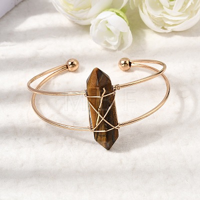 Brass Wire Wrapped Natural Tiger Eye Hexagon Point Cuff Bangles for Women BJEW-L719-01G-03-1