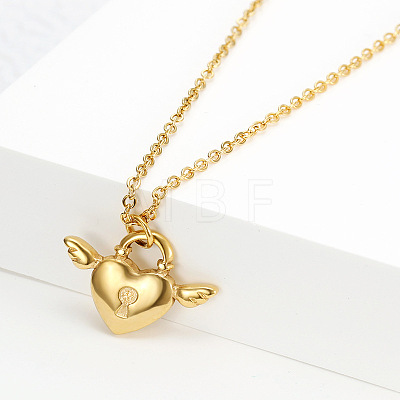 304 Stainless Steel Heart Lock with Angel Wings Pendant Necklaces for Women WG91D89-01-1