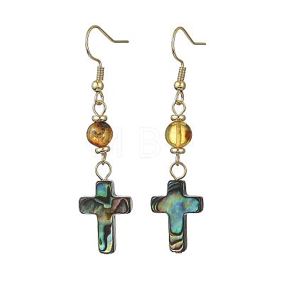 Cross Natural Amber & Abalone Shell/Paua Shell Dangle Earrings EJEW-JE07359-1