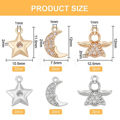 12Pcs 6 Style Rack Plating Brass Micro Pave Clear Cubic Zirconia Charms KK-BC0009-92-1