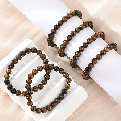 Natural Tiger Eye Beaded Stretch Bracelets X-BJEW-F203-04-1