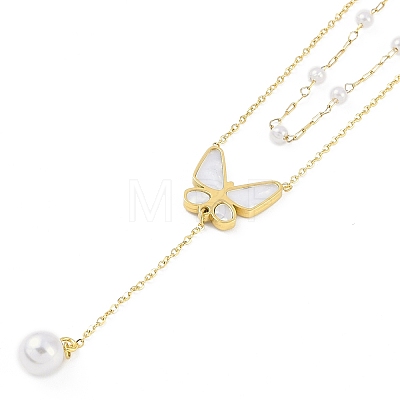 Ion Plating(IP) 304 Stainless Steel Pave Shell Double Layer Butterfly Pendant Necklaces for Women NJEW-K276-29G-1