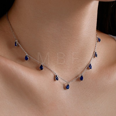 Rhodium Plated 925 Sterling Silver Pave Blue Cubic Zirconia Cable Chain Teardrop Tassel Necklaces for Women NJEW-Q342-14P-1