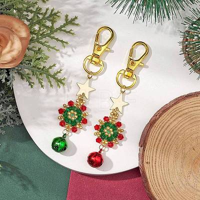 Christmas Wreath Glass Seed Pendant Decorations with Bell HJEW-MZ00077-1