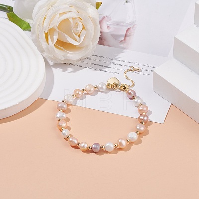 Natural Pearl Beaded Bracelet with Brass Heart Charm for Women BJEW-JB08165-01-1