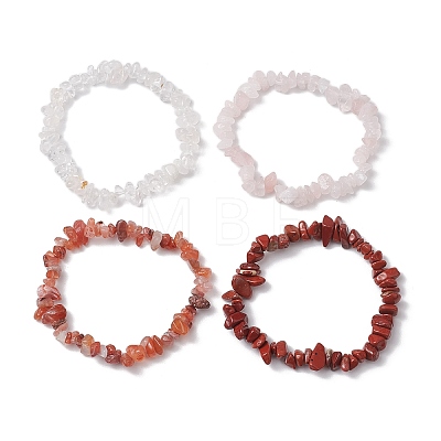 4Pcs Natural Quartz Crystal & Rose Quartz & Red Jasper & Red Agate Chip Beaded Stretch Bracelet Sets BJEW-JB10775-02-1