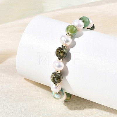8MM Natural Green Line Jasper & Cultured Freshwater Pearl Round Beaded Stretch Bracelets for Women BJEW-JB14239-1