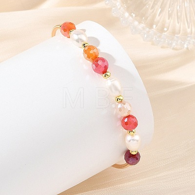 Natural Banded Agate(Dyed & Heated) Round and Rice Pearl Beaded Copper French Wire Cuff Bangles BJEW-JB14374-02-1