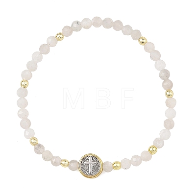 Religion Natural Mixed Gemstone Beaded Stretch Bracelets with Brass Flat Round with Cross Beads BJEW-JB14360-1