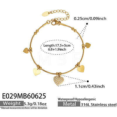 316L Surgical Stainless Steel Micro Pave Clear Cubic Zirconia Heart Charm Bracelets for Women WG8BDDE-01-1