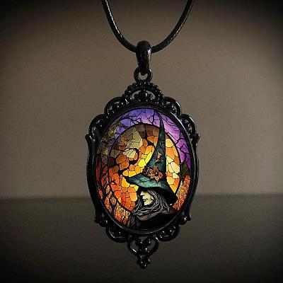Oval Gothic Alloy Glass Halloween Pendant Necklaces for Women FS-WG73C21-01-1