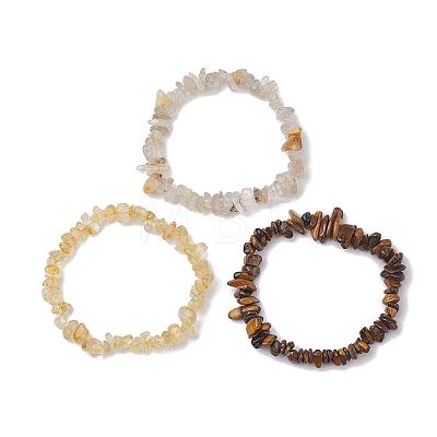 3Pcs Natural Citrine & Natural Tiger Eye & Natural Gold Rutilated Quartz Chip Beaded Stretch Bracelet Sets BJEW-JB10863-1