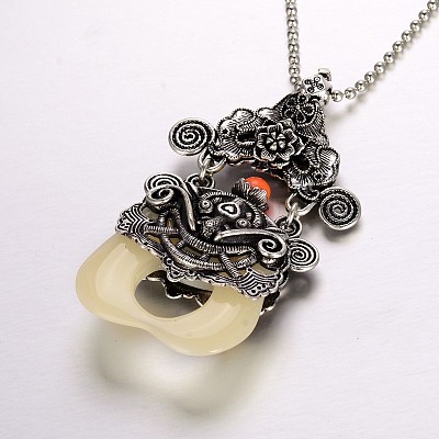 Antique Silver Plated Alloy Resin Pendant Necklaces NJEW-J031-02-1