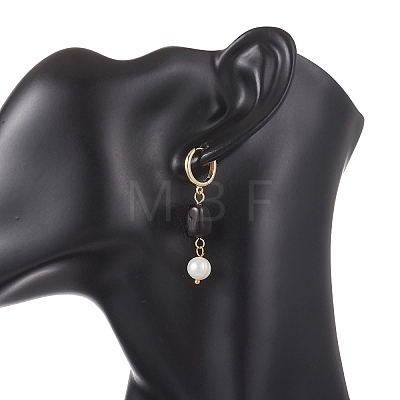 Round Natural Amber & Natural Cultured Freshwater Pearl Hoop Earrings EJEW-JE06998-1