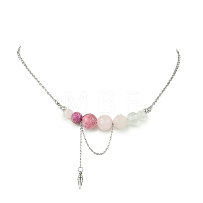Natural Rose Quartz & Dyed Imperial Jasper & Quartz Crystal & Green Jade Round Graduated Beaded Pendant 304 Stainless Steel Cable Chain Necklaces for Women NJEW-TA00242-04-1