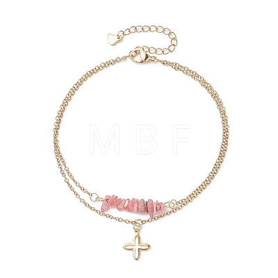 Natural Rhodochrosite Chips Beaded & Cross Charms Double Layer Multi-strand Bracelet AJEW-AN00511-06-1