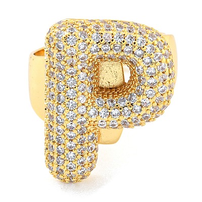 Brass Micro Pave Clear Cubic Zirconia Letter Open Cuff Ring for Women RJEW-M173-01G-P-1