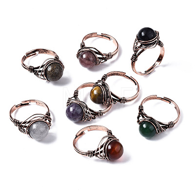 Adjustable Natural & Synthetic Gemstone Round Finger Rings RJEW-T020-01R-1