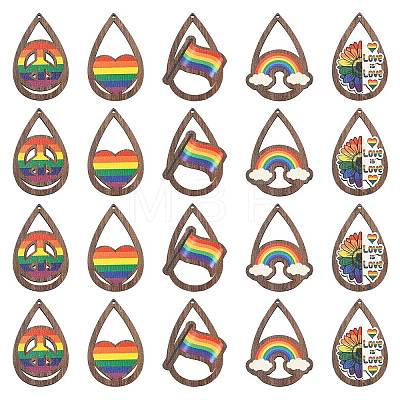 40Pcs 5 Styles Rainbow Printed Aspen Wood Big Pendants WOOD-CJ0001-69-1