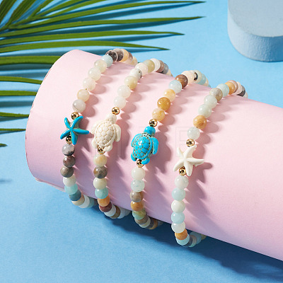 Ocean Dyed Synthetic Turquoise Turtle & Natural Flower Amazonite Round Beaded Anklets AJEW-TA00062-1