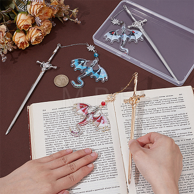 3Pcs 3 Colors Acrylic Dragon with Zinc Alloy Sword Pendant Bookmarks HJEW-UN00080-1