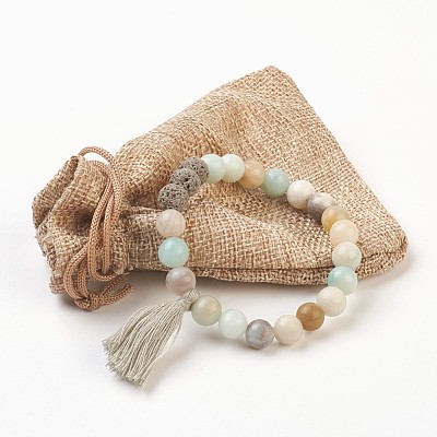 Natural Flower Amazonite and Lava Rock(Dyed) Beads Stretch Charm Bracelets BJEW-JB03728-02-1