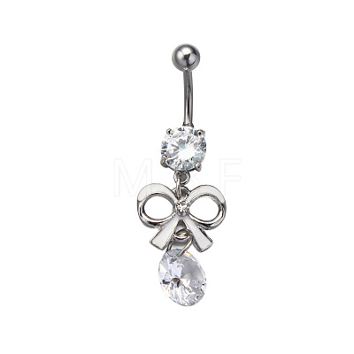 Alloy Pave Cubic Zirconia Bowknot Curved Barbell Dangle Belly Rings FS-WG3E776-04-1-1