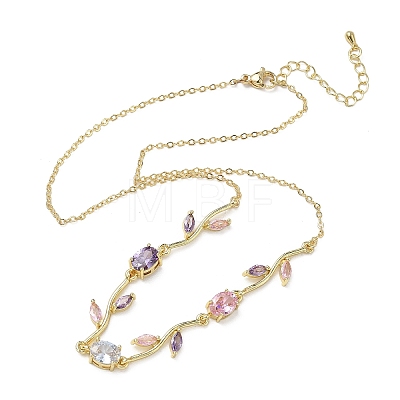 Brass Pave Cubic Zirconia Rose Flower Link Cable Chain Necklaces for Women NJEW-C121-05A-01G-1