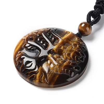 Natural Tiger Eye Tree of Life Pendant Necklace with Nylon Rope NJEW-H009-03-07-1