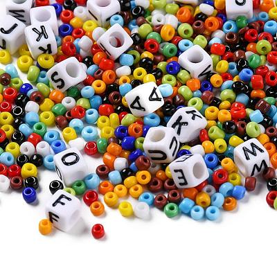 100Pcs Cube with Letter Opaque Acrylic Beads DIY-YW0002-45-1
