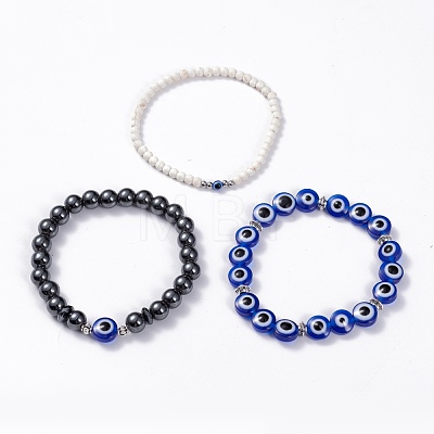 3Pcs 3 Style Synthetic Turquoise(Dyed) & Hematitie Round Beaded Stretch Bracelets Set BJEW-JB07620-1